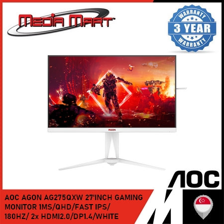 AOC AGON AG275QXW 27'INCH GAMING MONITOR ADAPTIVE SYNC/1MS/QHD/FAST IPS/ 180HZ/ 2x HDMI2.0/DP1.4/WHITE