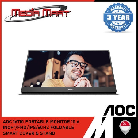 AOC 16T10 PORTABLE MONITOR 15.6β/FHD/IPS/60HZ | 5MS(GTG)/PORTBALE | 1x MINI HDMI2.0/2x USB-C/SPEAKER