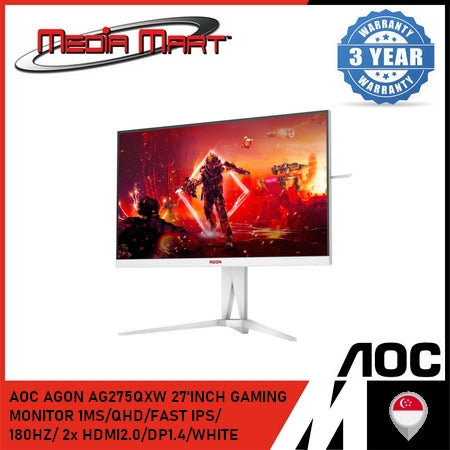 AOC AGON AG275QXW 27'INCH GAMING MONITOR ADAPTIVE SYNC/1MS/QHD/FAST IPS/ 180HZ/ 2x HDMI2.0/DP1.4/WHITE
