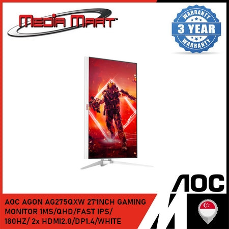 AOC AGON AG275QXW 27'INCH GAMING MONITOR ADAPTIVE SYNC/1MS/QHD/FAST IPS/ 180HZ/ 2x HDMI2.0/DP1.4/WHITE