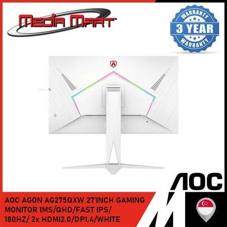 AOC AGON AG275QXW 27'INCH GAMING MONITOR ADAPTIVE SYNC/1MS/QHD/FAST IPS/ 180HZ/ 2x HDMI2.0/DP1.4/WHITE