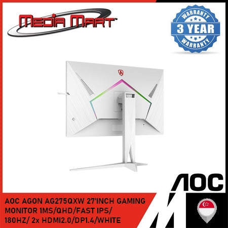 AOC AGON AG275QXW 27'INCH GAMING MONITOR ADAPTIVE SYNC/1MS/QHD/FAST IPS/ 180HZ/ 2x HDMI2.0/DP1.4/WHITE