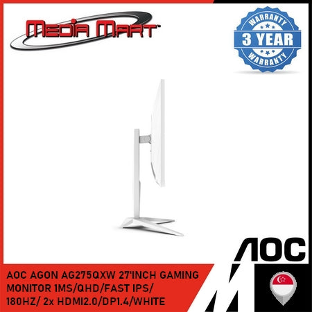 AOC AGON AG275QXW 27'INCH GAMING MONITOR ADAPTIVE SYNC/1MS/QHD/FAST IPS/ 180HZ/ 2x HDMI2.0/DP1.4/WHITE