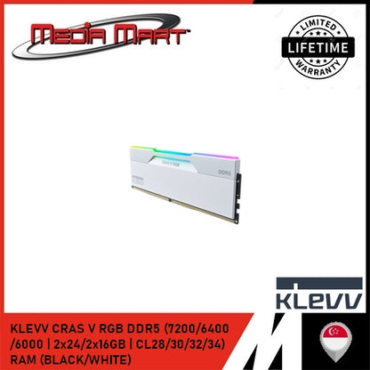 KLEVV CRAS V RGB DDR5 (7200/6400/6000 | CL28/30/32/34) RAM (BLACK/WHITE)