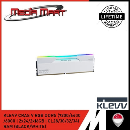 KLEVV CRAS V RGB DDR5 (7200/6400/6000 | CL28/30/32/34) RAM (BLACK/WHITE)