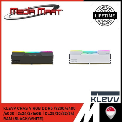 KLEVV CRAS V RGB DDR5 (7200/6400/6000 | CL28/30/32/34) RAM (BLACK/WHITE)
