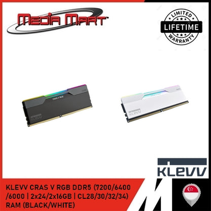 KLEVV CRAS V RGB DDR5 (7200/6400/6000 | CL28/30/32/34) RAM (BLACK/WHITE)